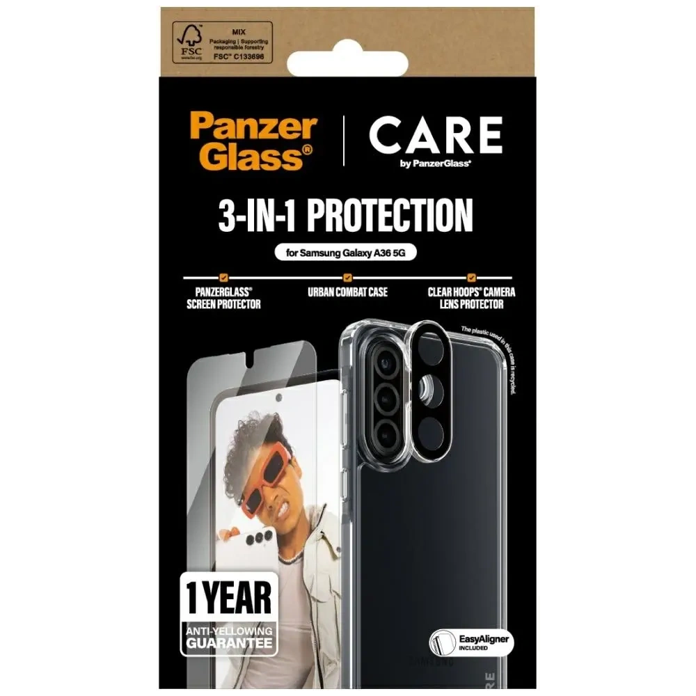 Zestaw ochronny etui + szkło hartowane + szkło na aparat CARE by PanzerGlass Flagship 3w1 do Samsung Galaxy A36 5G