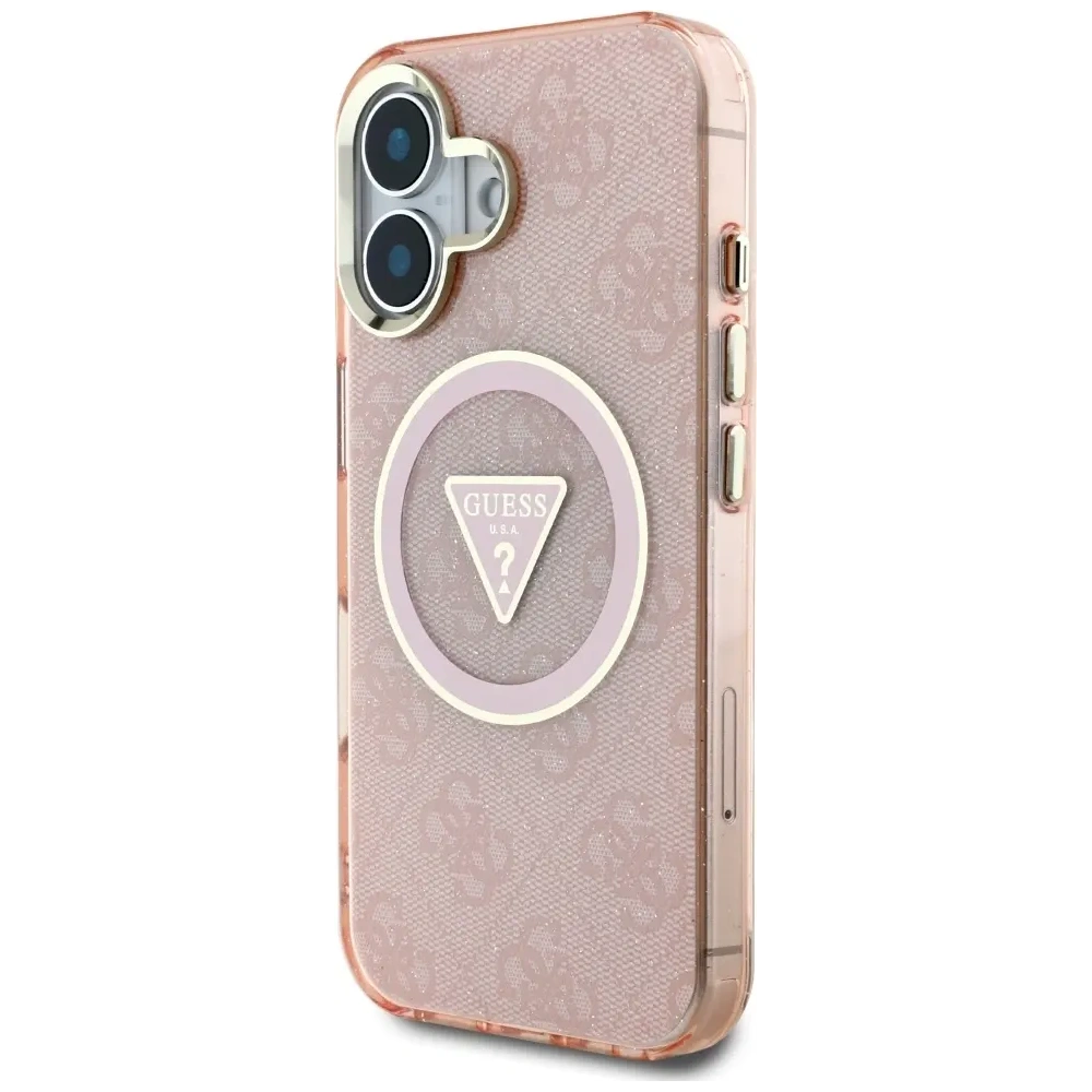 Etui Guess IML Metal Glitter 4G Circle Triangle MagSafe do Apple iPhone 16 różowy