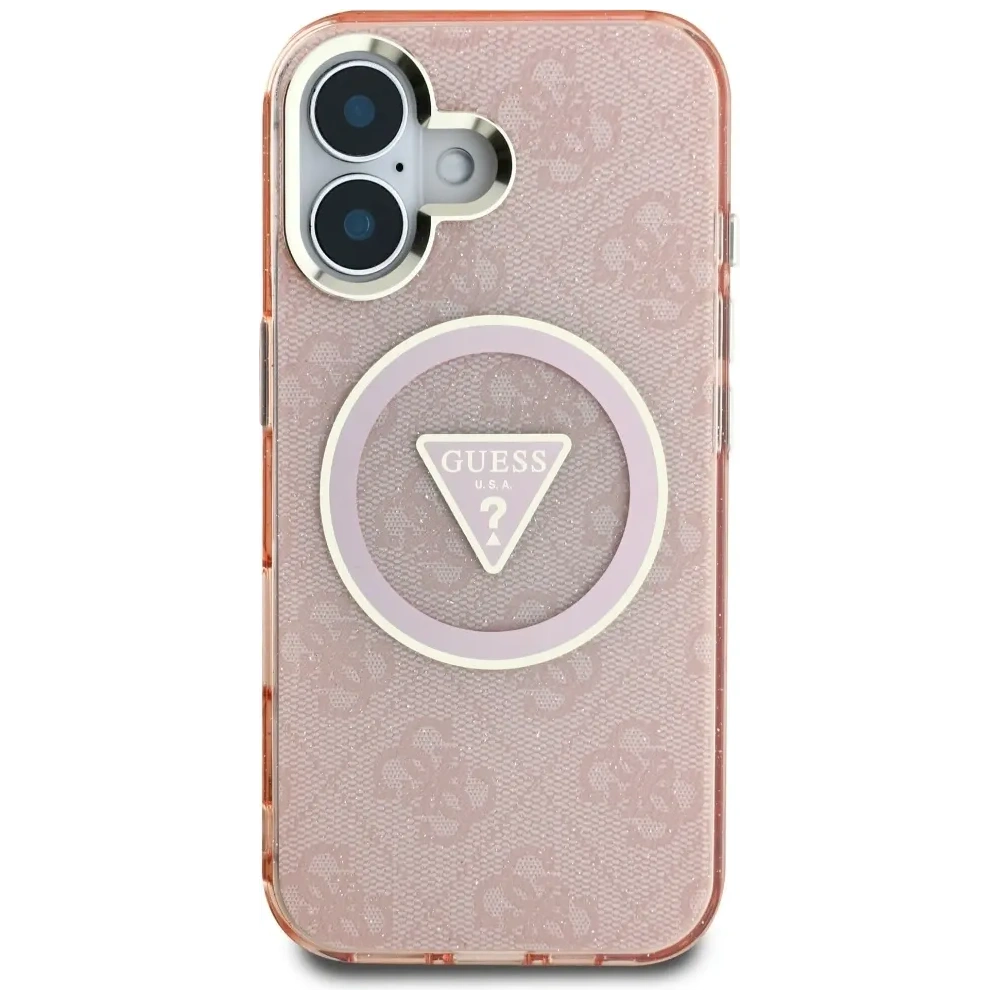 Etui Guess IML Metal Glitter 4G Circle Triangle MagSafe do Apple iPhone 16 różowy