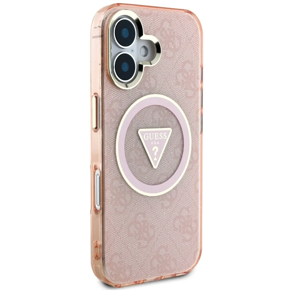 Etui Guess IML Metal Glitter 4G Circle Triangle MagSafe do Apple iPhone 16 różowy