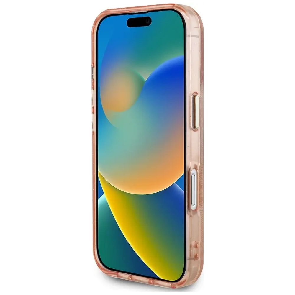 Etui Guess IML Metal Glitter 4G Circle Triangle MagSafe do Apple iPhone 16 różowy