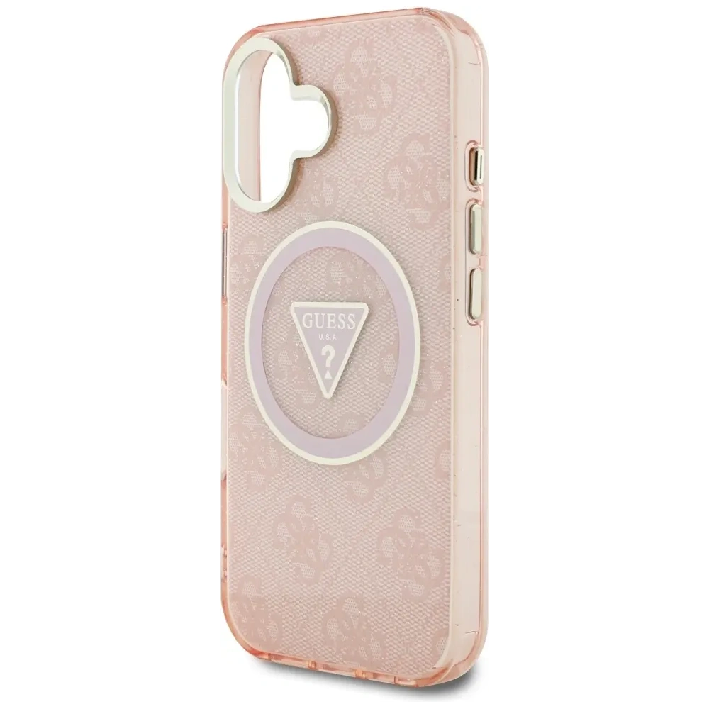 Etui Guess IML Metal Glitter 4G Circle Triangle MagSafe do Apple iPhone 16 różowy