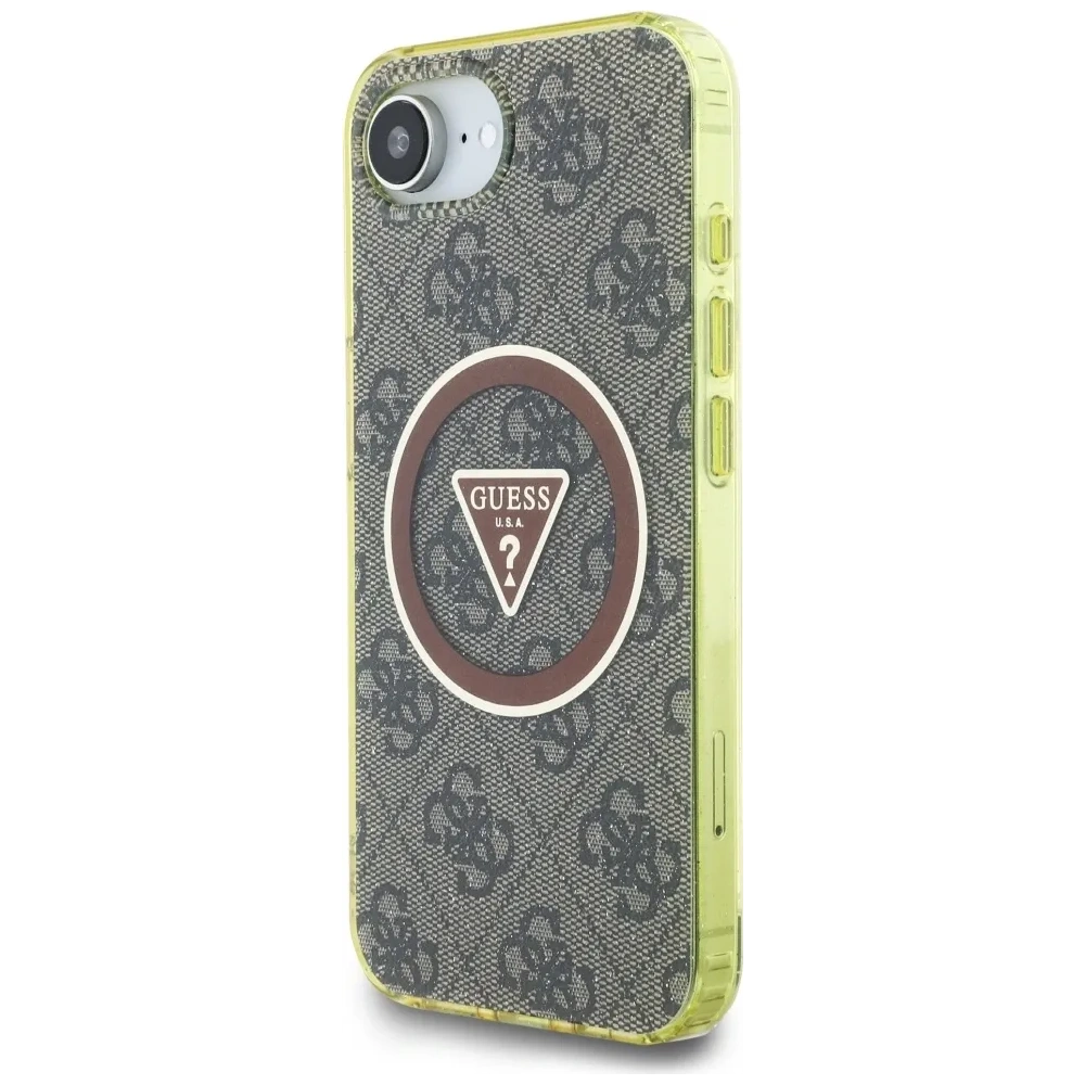 Etui Guess IML Metal Glitter 4G Circle Triangle MagSafe do Apple iPhone 16e brązowy