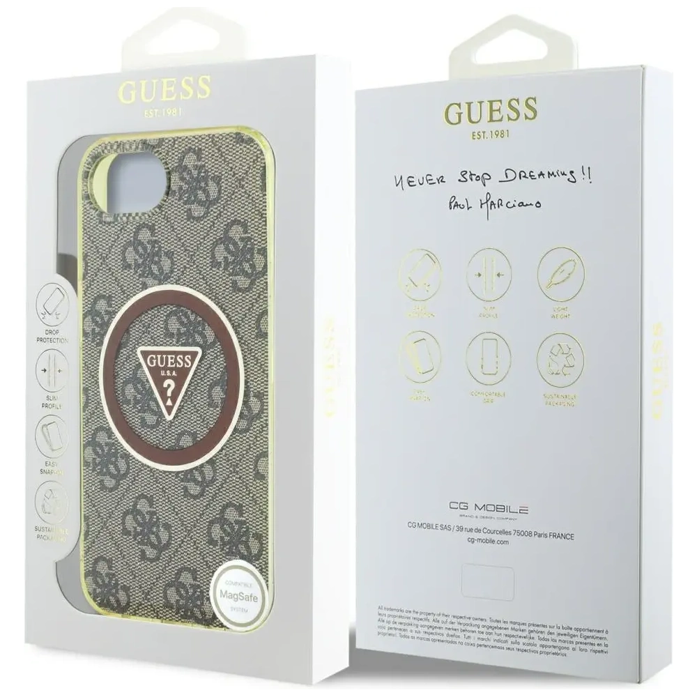 Etui Guess IML Metal Glitter 4G Circle Triangle MagSafe do Apple iPhone 16e brązowy