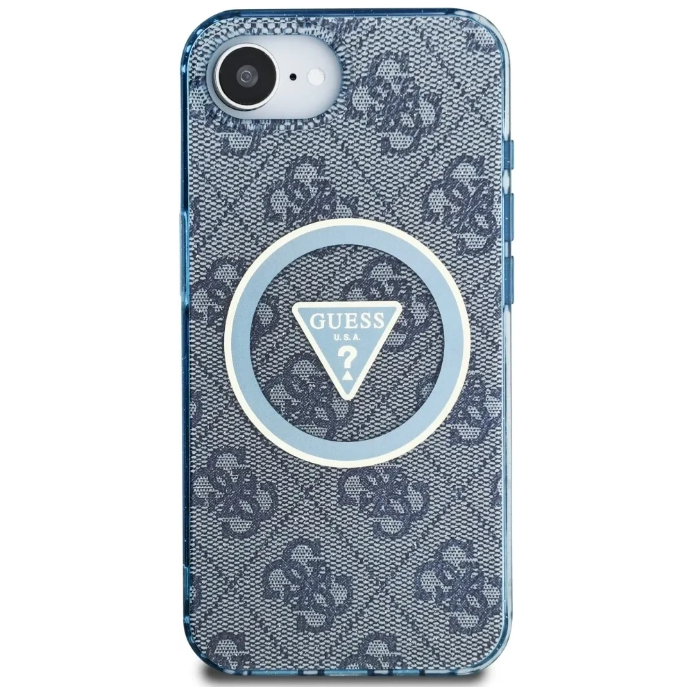 Etui Guess IML Metal Glitter 4G Circle Triangle MagSafe do Apple iPhone 16e niebieski