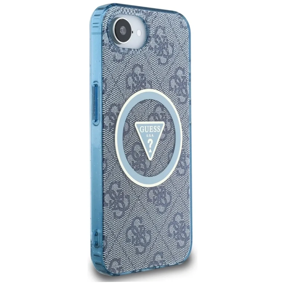 Etui Guess IML Metal Glitter 4G Circle Triangle MagSafe do Apple iPhone 16e niebieski