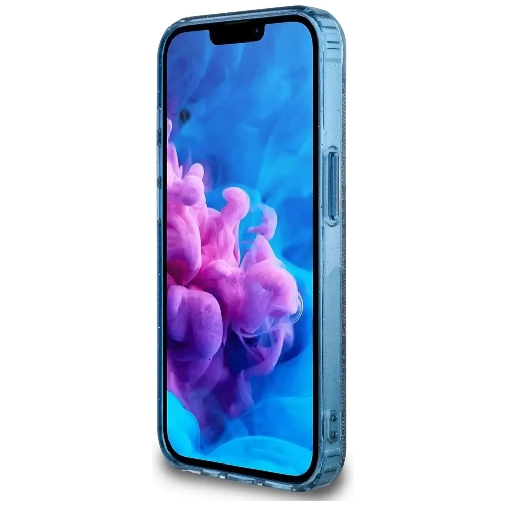 Etui Guess IML Metal Glitter 4G Circle Triangle MagSafe do Apple iPhone 16e niebieski