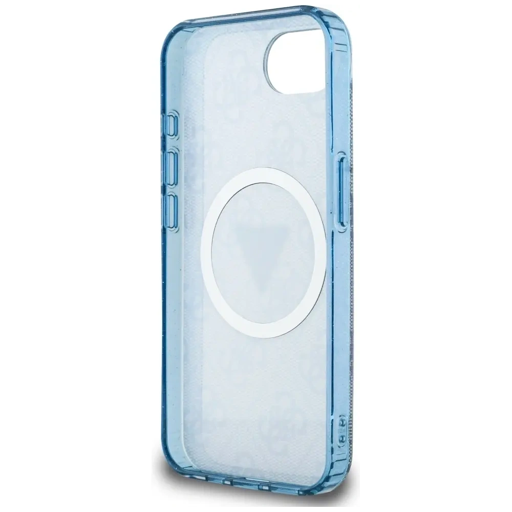 Etui Guess IML Metal Glitter 4G Circle Triangle MagSafe do Apple iPhone 16e niebieski