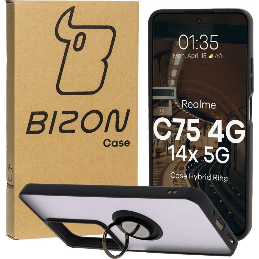 Etui z uchwytem na palec Bizon Case Hybrid Ring do Realme C75 4G / 14x 5G przydymione z czarną ramką