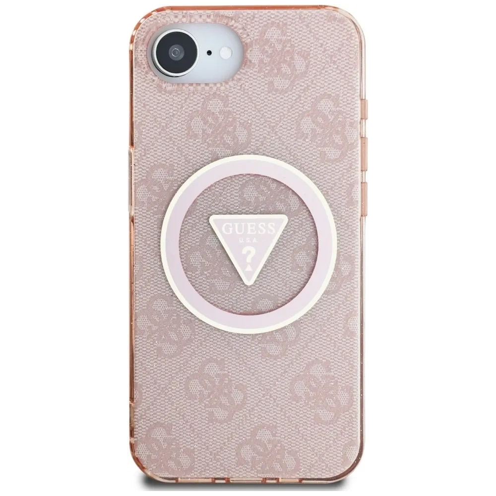 Etui Guess IML Metal Glitter 4G Circle Triangle MagSafe do Apple iPhone 16e różowy