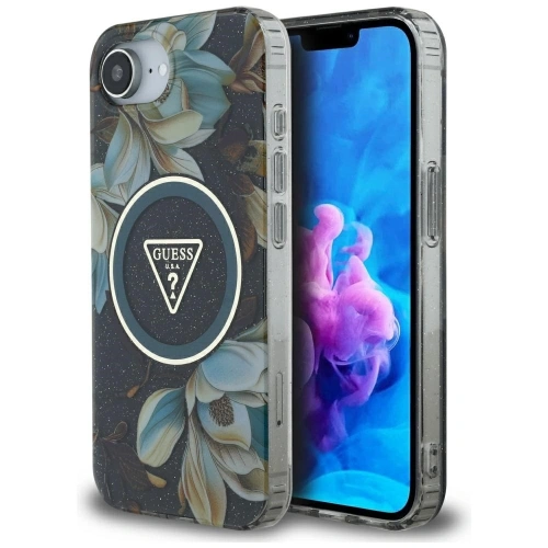Kup Guess IML Metall Glitzer Blumen Dreieck MagSafe Apple iPhone 16e schwarz - GUE4580 - {ean13} - Sklep Home Screen