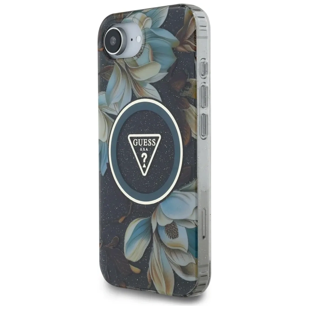 Etui Guess IML Metal Glitter Flowers Triangle MagSafe do Apple iPhone 16e czarny