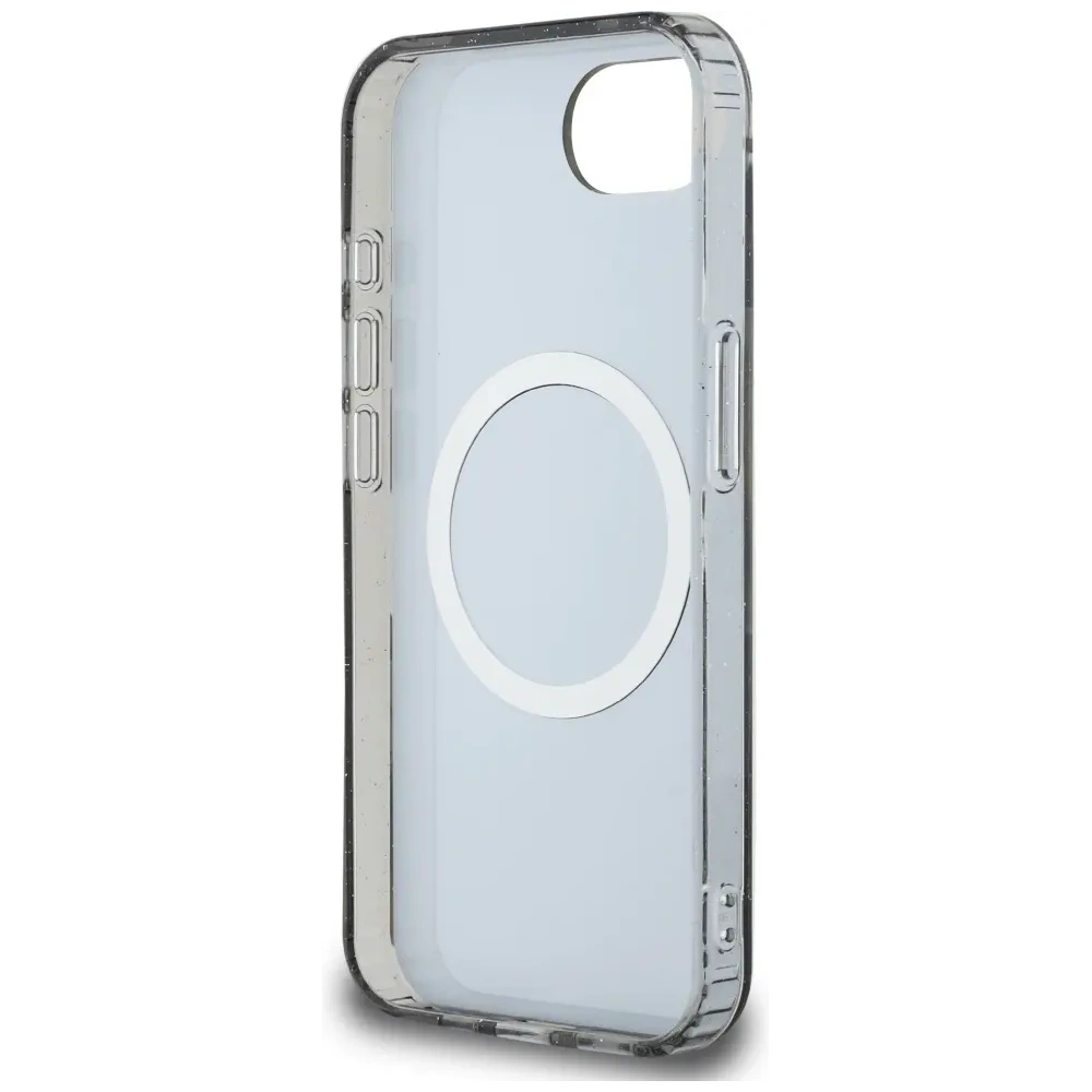 Etui Guess IML Metal Glitter Flowers Triangle MagSafe do Apple iPhone 16e czarny