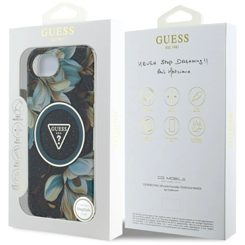 Kup Guess IML Metall Glitzer Blumen Dreieck MagSafe Apple iPhone 16e schwarz - GUE4580 - {ean13} - Sklep Home Screen