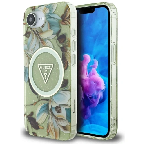 Kup Etui Guess IML Metal Glitter Flowers Triangle MagSafe do Apple iPhone 16e zielony - GUE4581 - {ean13} - Sklep Home Screen