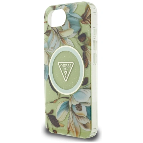 Kup Etui Guess IML Metal Glitter Flowers Triangle MagSafe do Apple iPhone 16e zielony - GUE4581 - {ean13} - Sklep Home Screen