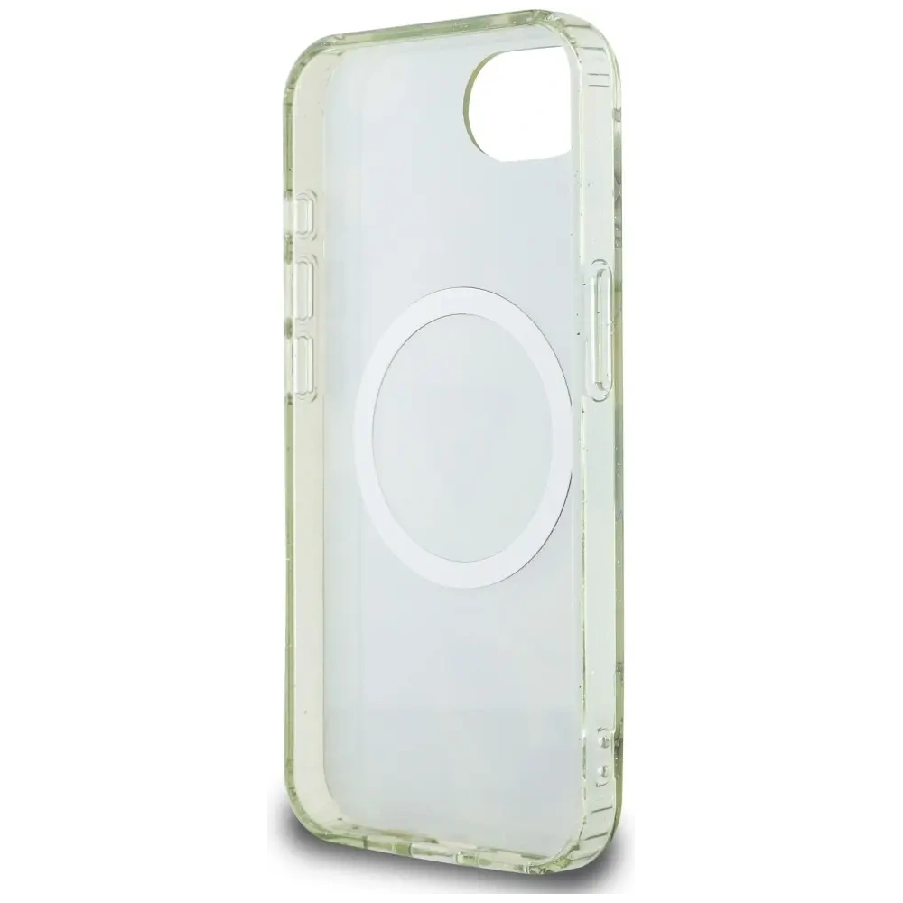 Etui Guess IML Metal Glitter Flowers Triangle MagSafe do Apple iPhone 16e zielony