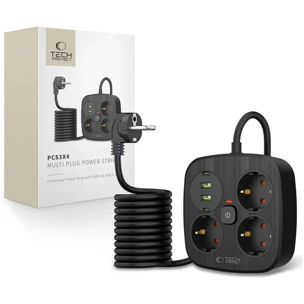 Listwa zasilająca Tech-Protect PCS3X4 Power Strip 2xUSB-A, 2xUSB-C, 3xSocket AC 200cm Black