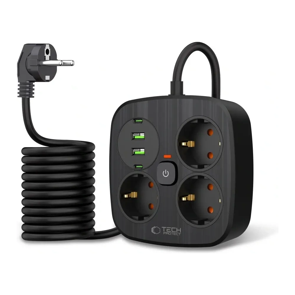 Listwa zasilająca Tech-Protect PCS3X4 Power Strip 2xUSB-A, 2xUSB-C, 3xSocket AC 200cm Black
