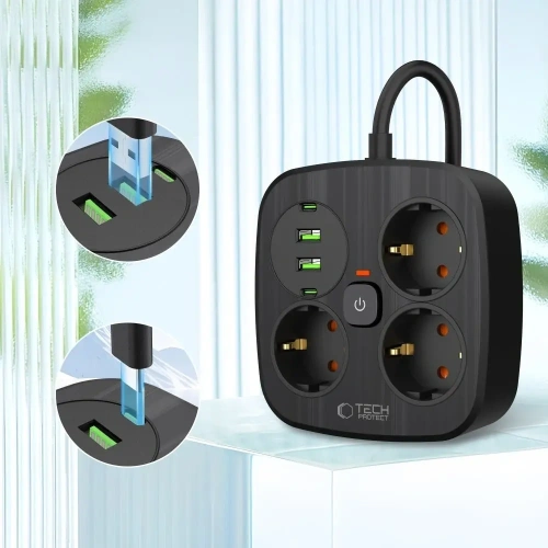 Kup Tech-Protect PCS3X4 Priza de putere 2xUSB-A, 2xUSB-C, 3xPriză AC 200cm Negru - THP4167 - {ean13} - Sklep Home Screen