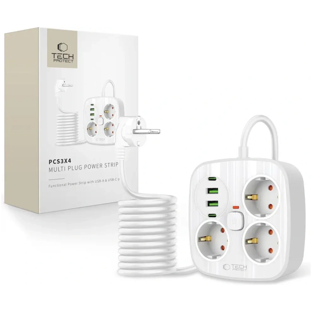 Listwa zasilająca Tech-Protect PCS3X4 Power Strip 2xUSB-A, 2xUSB-C, 3xSocket AC 200cm White