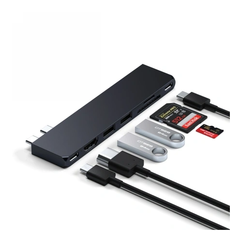 Kup Satechi Pro Hub Slim dupla USB-C-vel Apple MacBookhoz (2xUSB-A, USB-C 4, HDMI, SD/microSD, USB-C) (éjféli) - STH191 - {ean13} - Sklep Home Screen