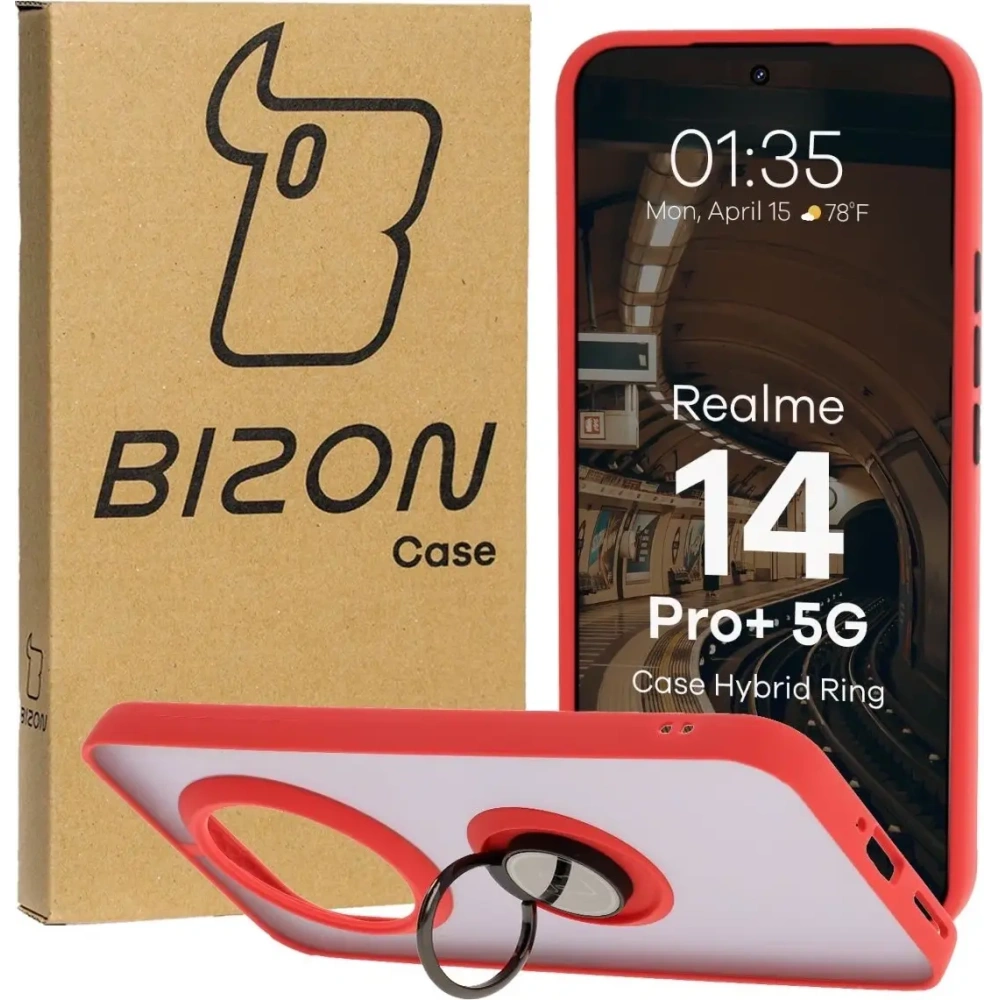 Etui z uchwytem na palec Bizon Case Hybrid Ring do Realme 14 Pro+ Plus 5G przydymione z czerwoną ramką