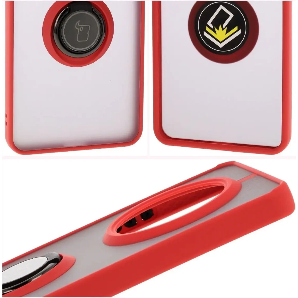 Etui z uchwytem na palec Bizon Case Hybrid Ring do Realme 14 Pro+ Plus 5G przydymione z czerwoną ramką