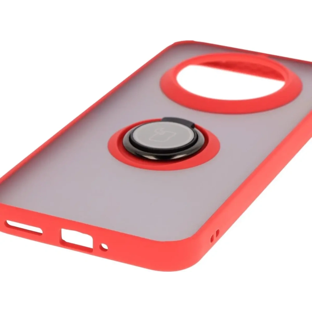 Etui z uchwytem na palec Bizon Case Hybrid Ring do Realme 14 Pro+ Plus 5G przydymione z czerwoną ramką