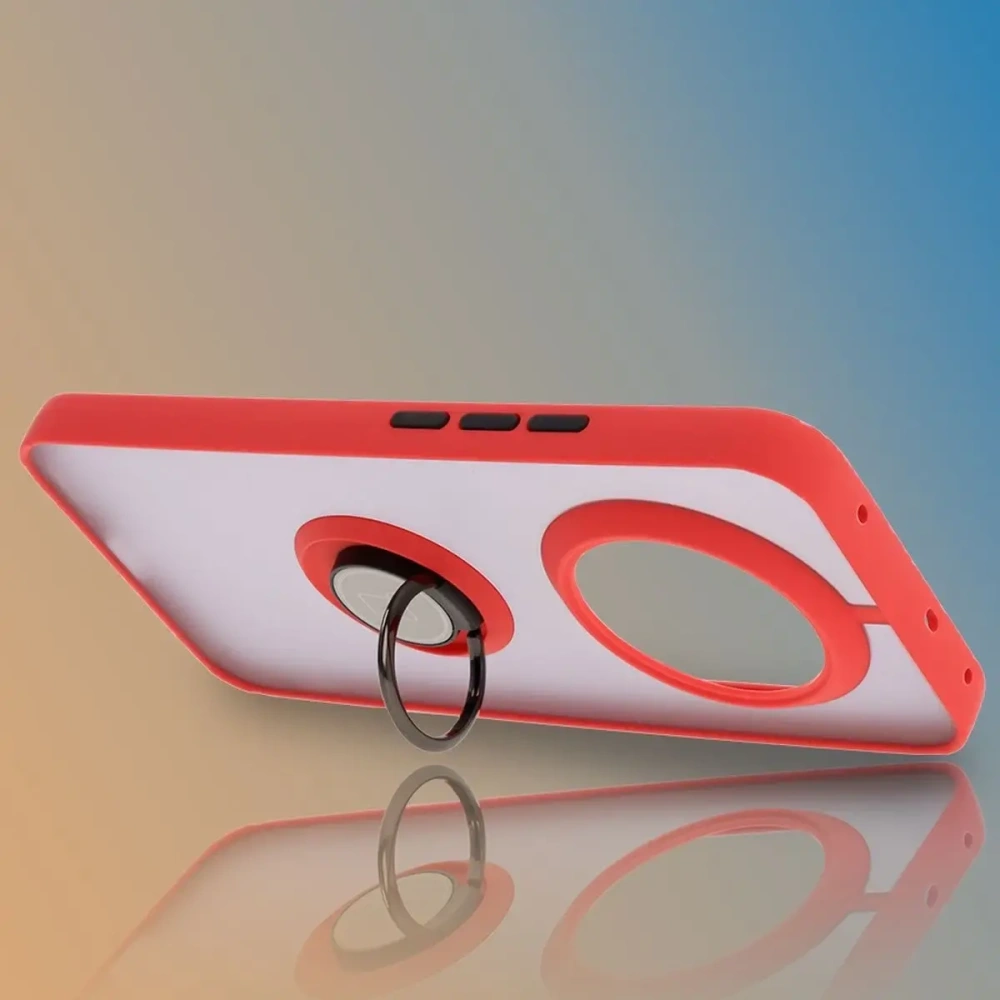 Etui z uchwytem na palec Bizon Case Hybrid Ring do Realme 14 Pro+ Plus 5G przydymione z czerwoną ramką