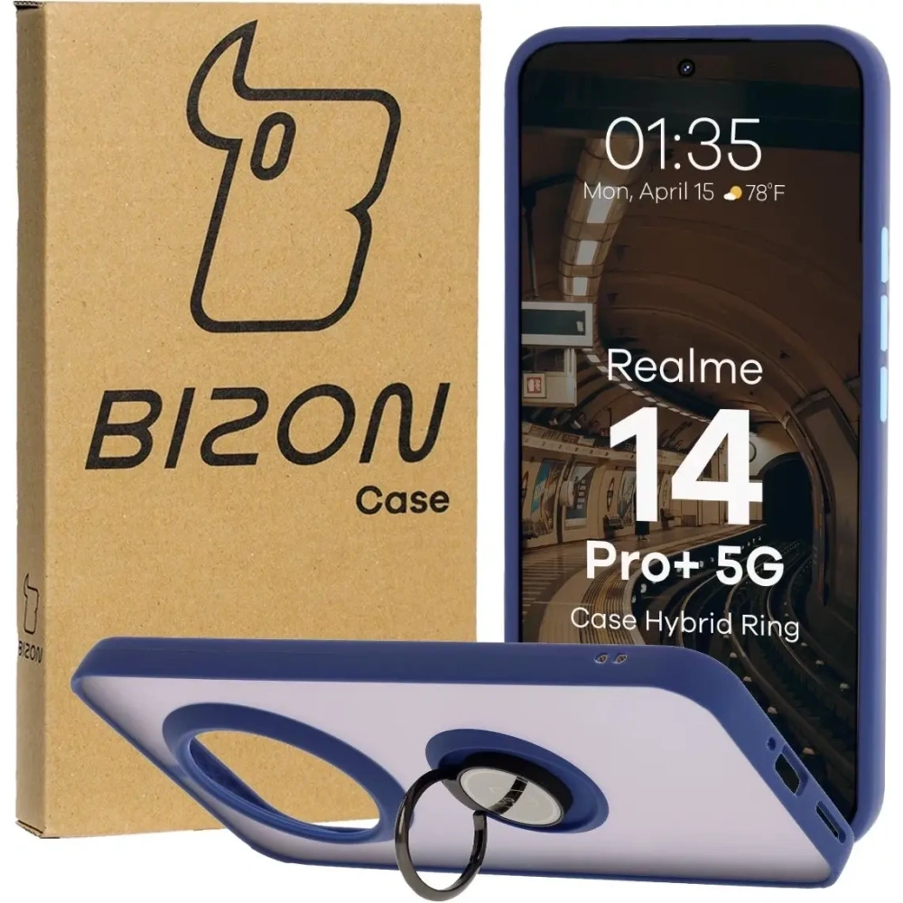 Etui z uchwytem na palec Bizon Case Hybrid Ring do Realme 14 Pro+ Plus 5G przydymione z granatową ramką