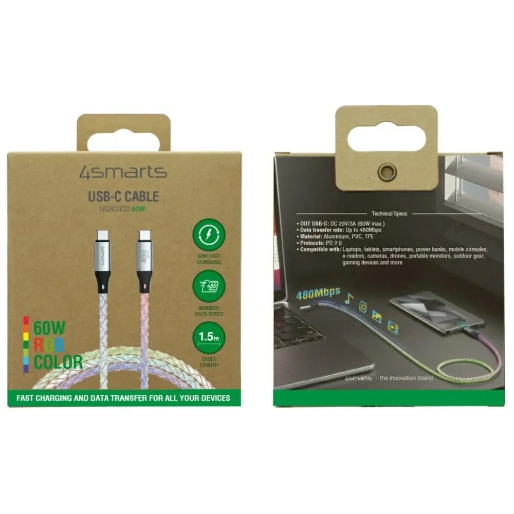 Kabel 4smarts USB-C / USB-C 60W 1.5m RGB