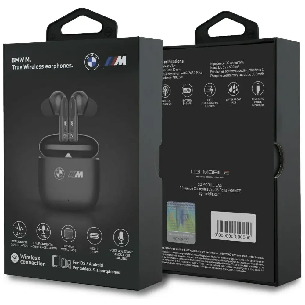 Bezprzewodowe słuchawki dokanałowe BMW M Metal M Logo Print Bluetooth 5.4 TWS ANC ENC czarny