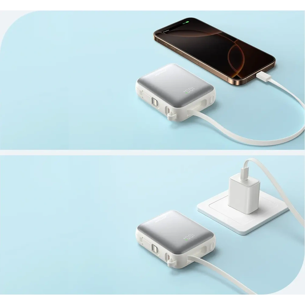 Powerbank Joyroom JR-PBF27 10000mAh 22.5W z wbudowanymi kablami USB-C, Lightning biały