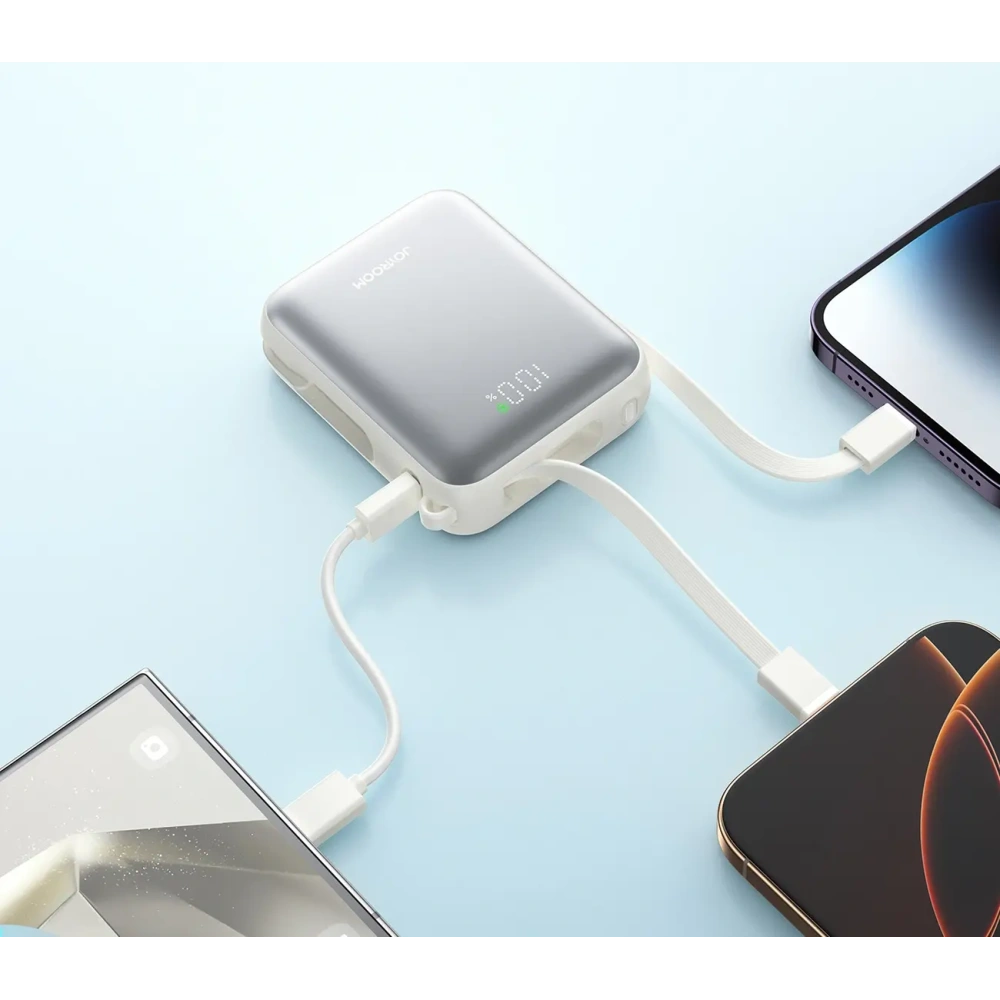 Powerbank Joyroom JR-PBF27 10000mAh 22.5W z wbudowanymi kablami USB-C, Lightning biały