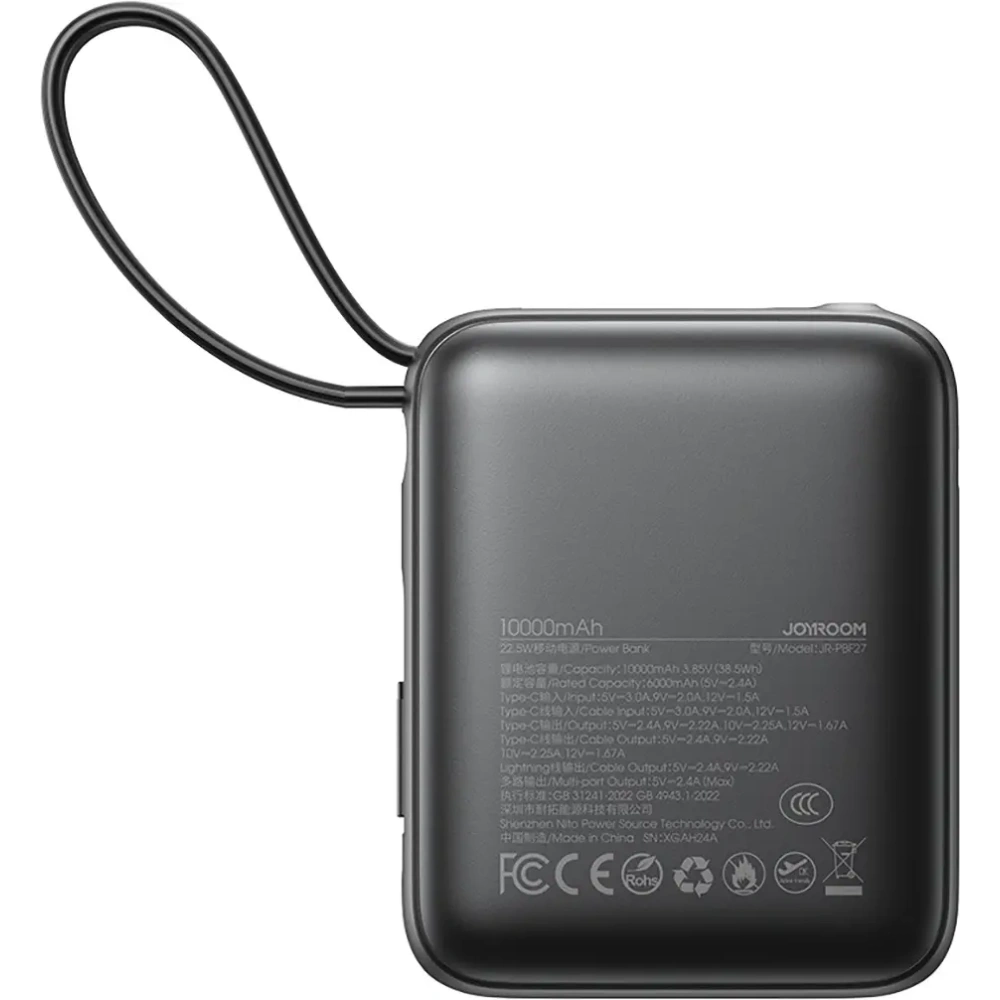 Powerbank Joyroom JR-PBF27 10000mAh 22.5W z wbudowanymi kablami USB-C, Lightning czarny