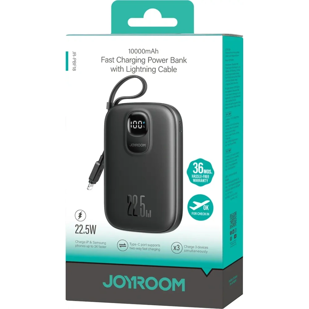 Powerbank Joyroom JR-PBF18 10000mAh 22.5W z wbudowanym kablem Lightning + kabel USB-C / USB-C 0.25cm czarny