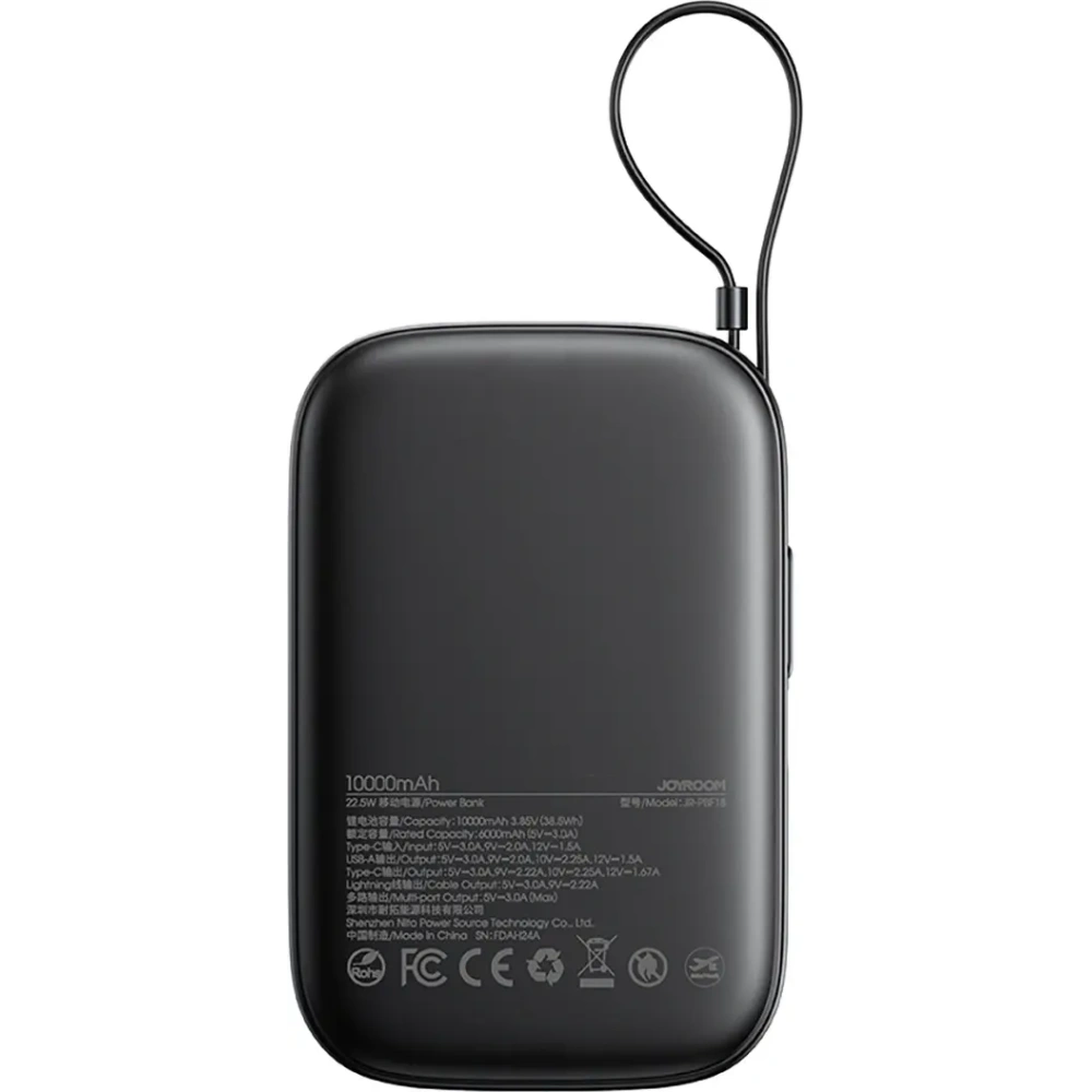 Powerbank Joyroom JR-PBF18 10000mAh 22.5W z wbudowanym kablem Lightning + kabel USB-C / USB-C 0.25cm czarny