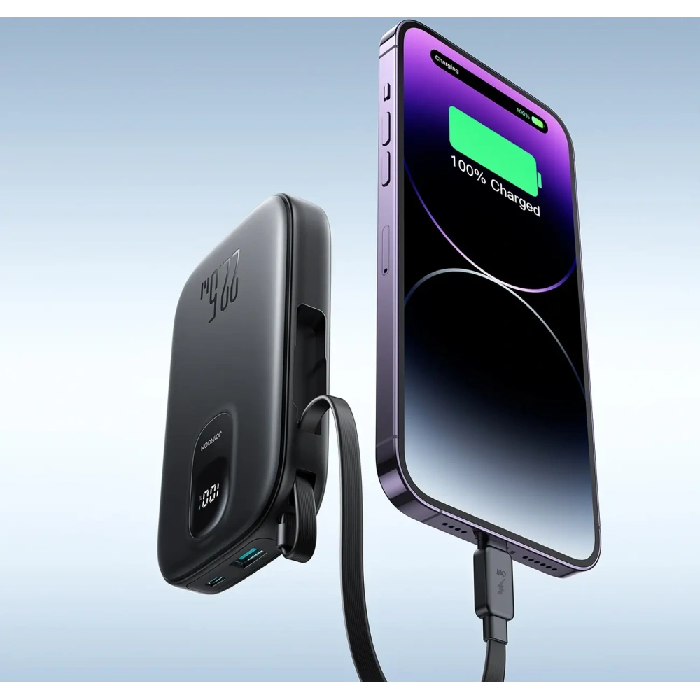 Powerbank Joyroom JR-PBF18 10000mAh 22.5W z wbudowanym kablem Lightning + kabel USB-C / USB-C 0.25cm czarny