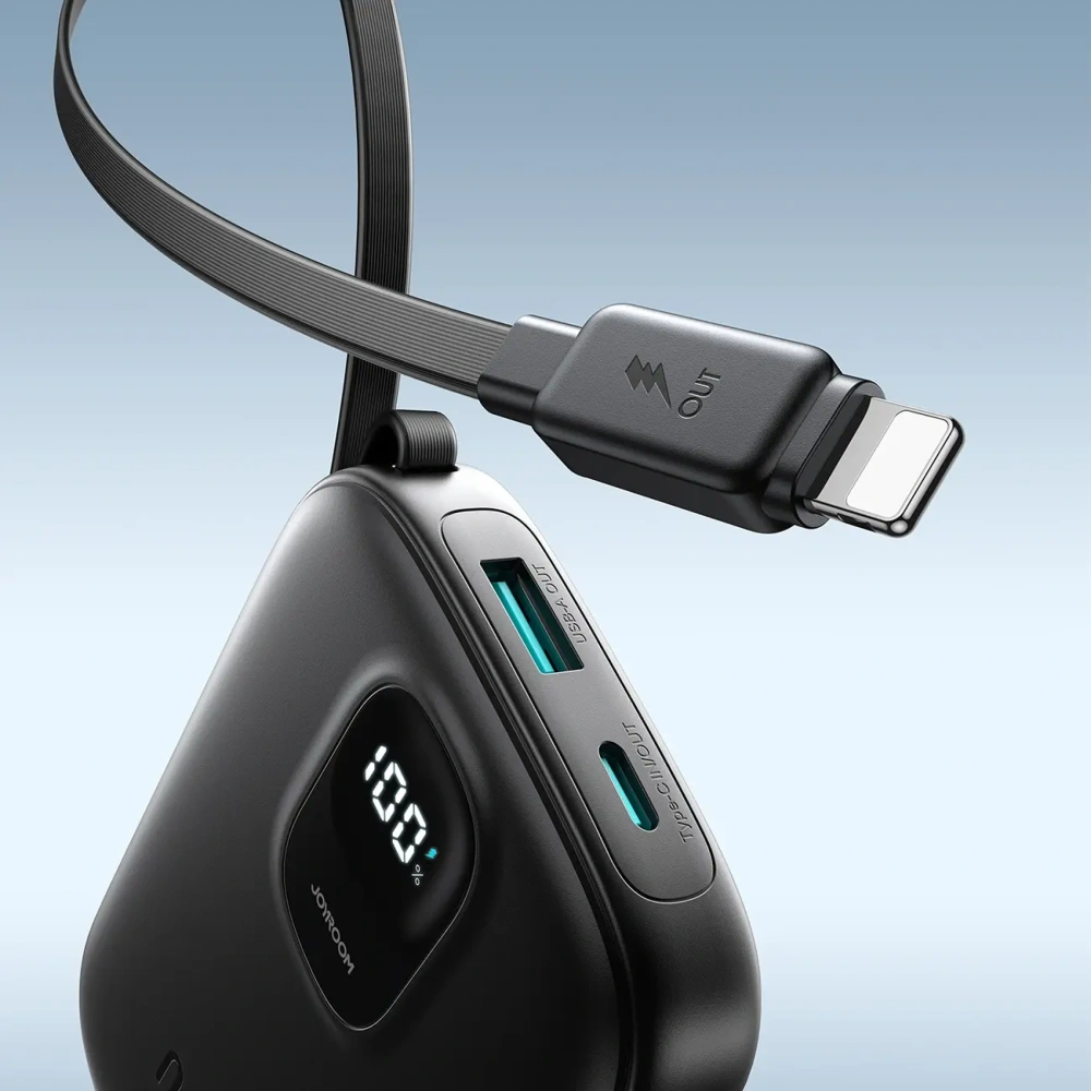 Powerbank Joyroom JR-PBF18 10000mAh 22.5W z wbudowanym kablem Lightning + kabel USB-C / USB-C 0.25cm czarny