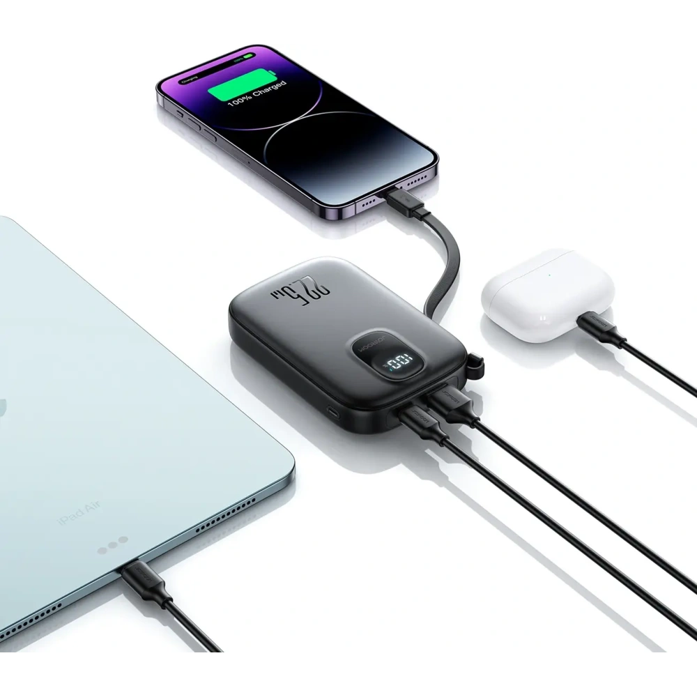 Powerbank Joyroom JR-PBF18 10000mAh 22.5W z wbudowanym kablem Lightning + kabel USB-C / USB-C 0.25cm czarny