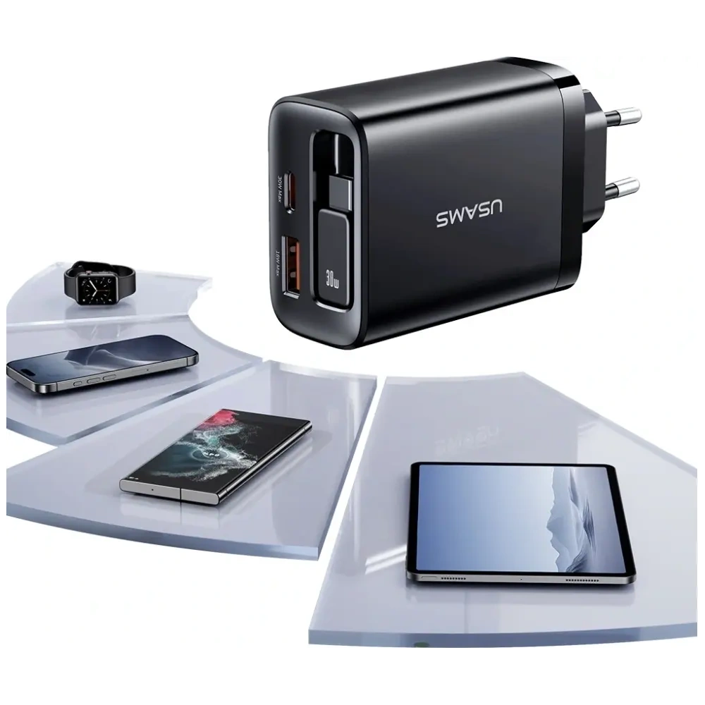 Ładowarka sieciowa USAMS Xiang Series CC296 30W USB-A, USB-C + kabel USB-C biały