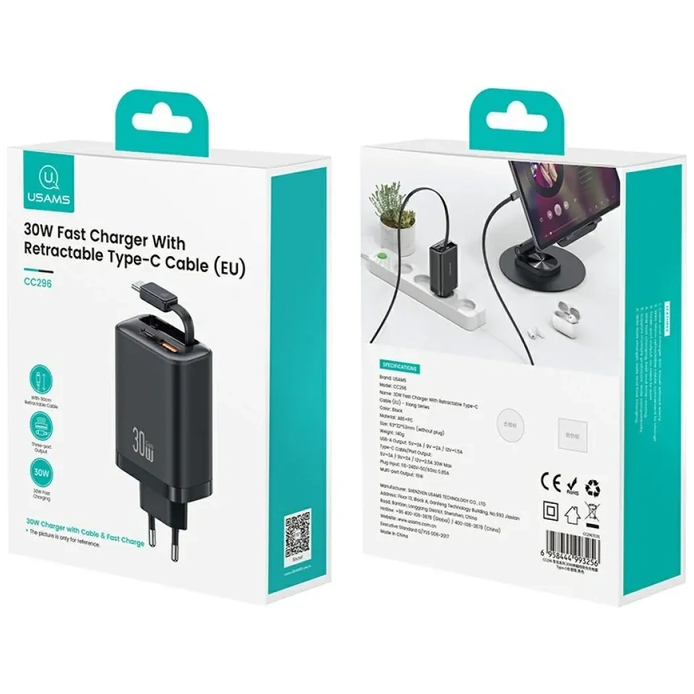 Ładowarka sieciowa USAMS Xiang Series CC296 30W USB-A, USB-C + kabel USB-C czarny