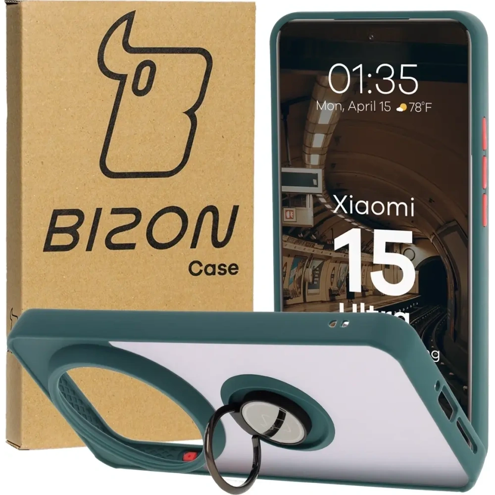 Etui z uchwytem na palec Bizon Case Hybrid Ring do Xiaomi 15 Ultra przydymione z ciemnozieloną ramką