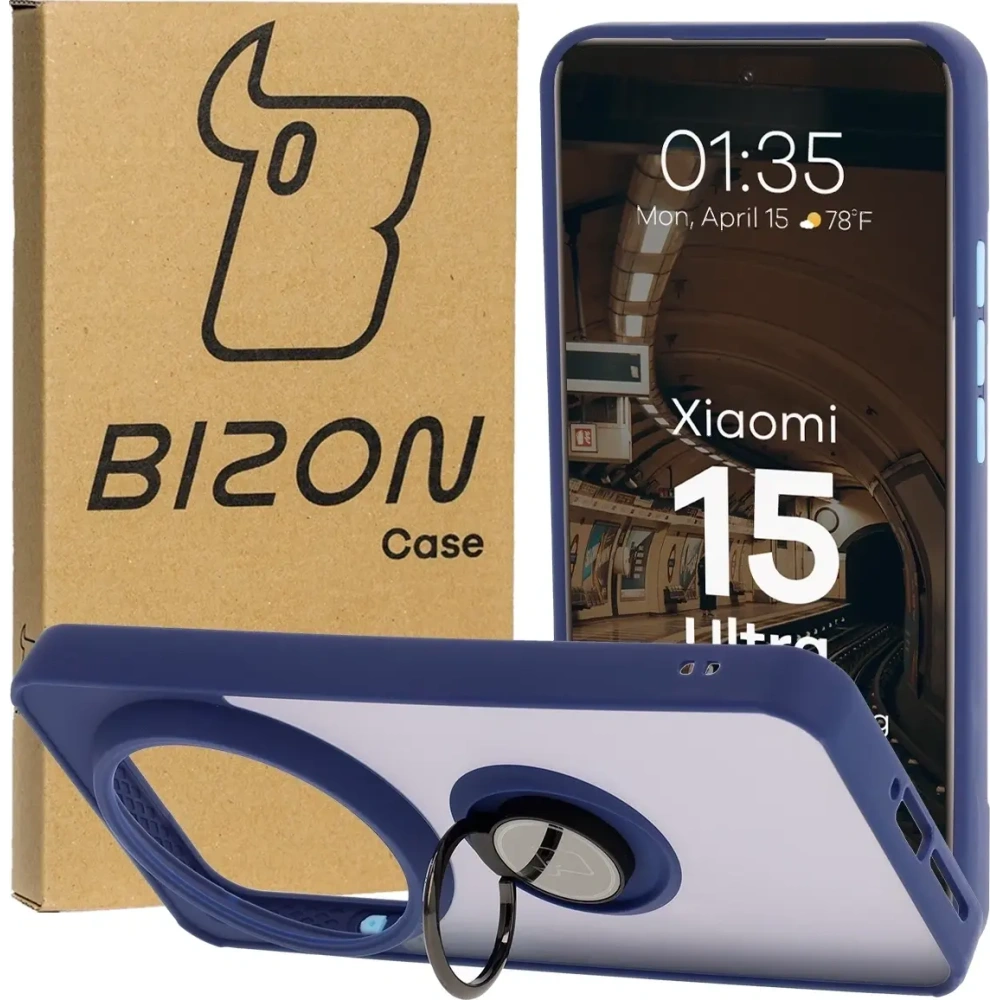 Etui z uchwytem na palec Bizon Case Hybrid Ring do Xiaomi 15 Ultra przydymione z granatową ramką