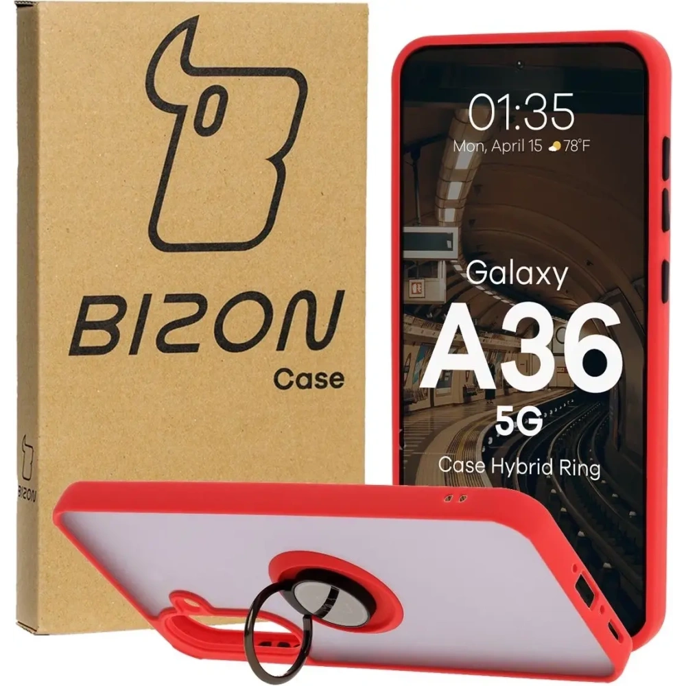 Etui z uchwytem na palec Bizon Case Hybrid Ring do Samsung Galaxy A36 5G przydymione z czerwoną ramką