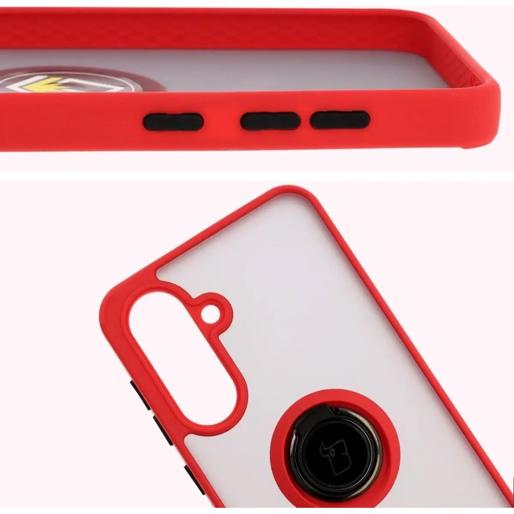 Etui z uchwytem na palec Bizon Case Hybrid Ring do Samsung Galaxy A36 5G przydymione z czerwoną ramką