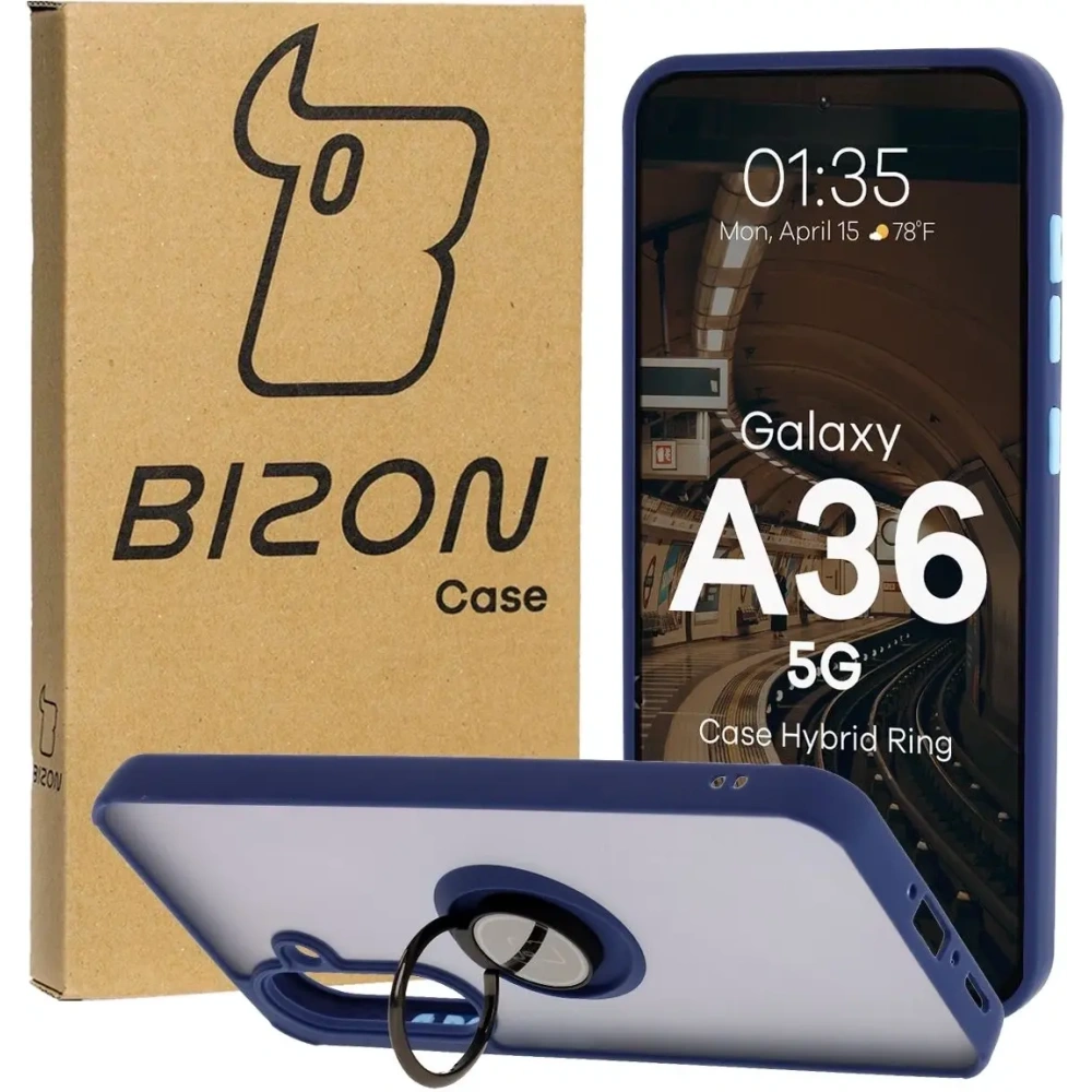 Etui z uchwytem na palec Bizon Case Hybrid Ring do Samsung Galaxy A36 5G przydymione z granatową ramką