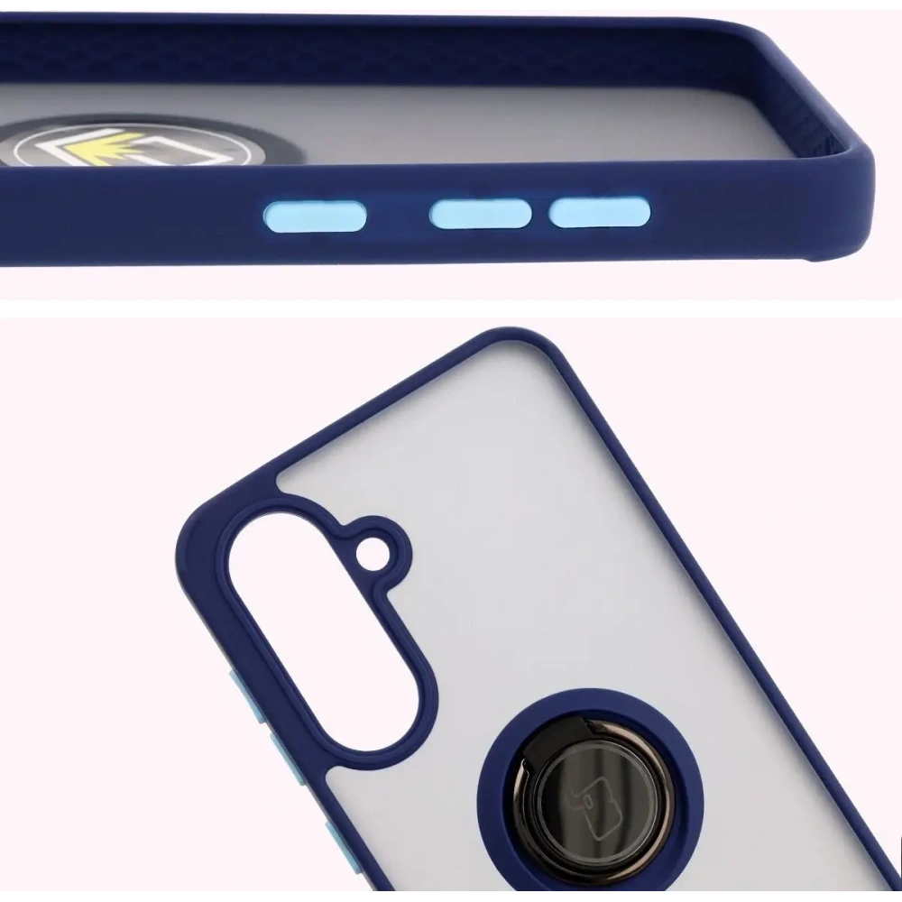 Etui z uchwytem na palec Bizon Case Hybrid Ring do Samsung Galaxy A36 5G przydymione z granatową ramką