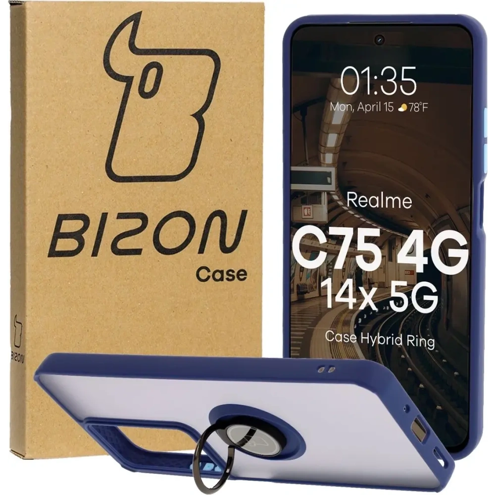 Etui z uchwytem na palec Bizon Case Hybrid Ring do Realme C75 4G / 14x 5G przydymione z granatową ramką